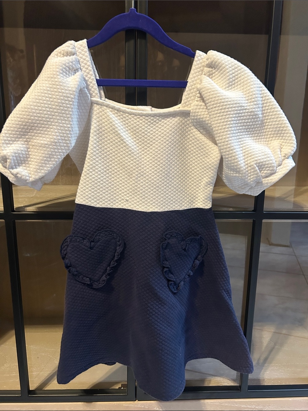 Janie and Jack White & Navy Puff-Sleeve Dress with Heart Pockets
